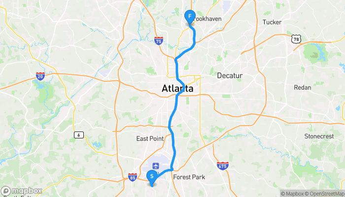 Route map from 5390 Riverdale Road to Buckhead