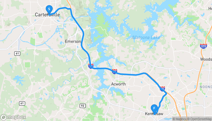 Route map from Cartersville to Kennesaw