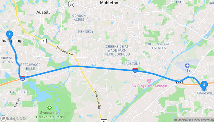 Route map from Adamsville to Lithia Springs
