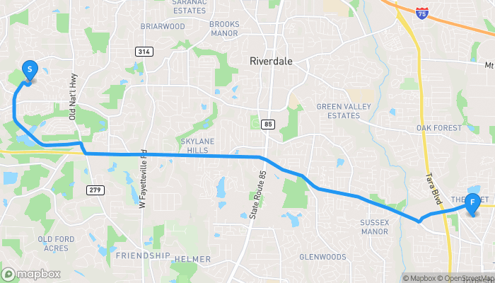 Route map from 804 Pine Tree Trail to Clayton County Public Schools