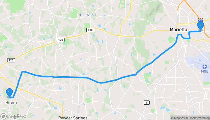 Route map from 411 Dallas Street to 9 Cobb Parkway North