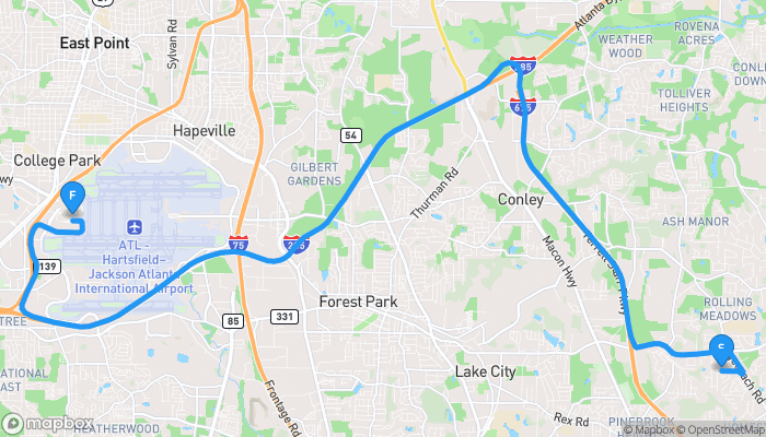 Route map from 3618 Stagecoach Pass to Hartsfield–Jackson Atlanta International Airport