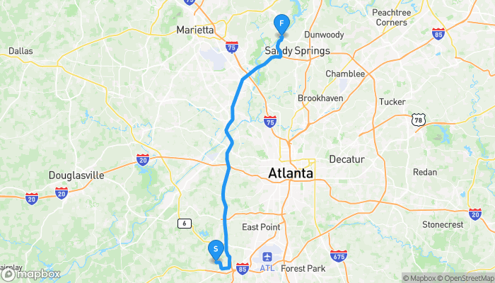 Route map from 3830 Will Lee Road to 1000 Johnson Ferry Road Northwest