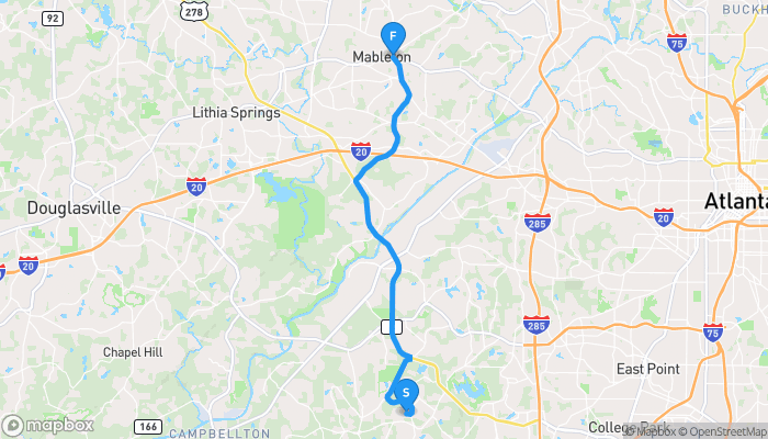 Route map from 245 Alamosa Path to Mableton