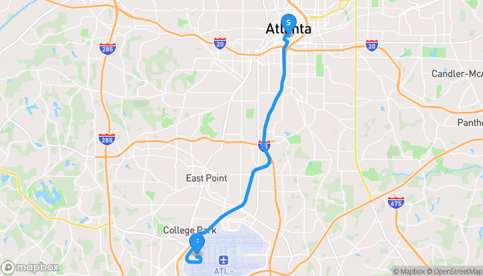 Route map from Atlanta to Hartsfield–Jackson Atlanta International Airport