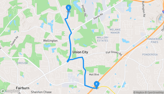 Route map from 5454 Rock Lake Drive to 4350 Jonesboro Road