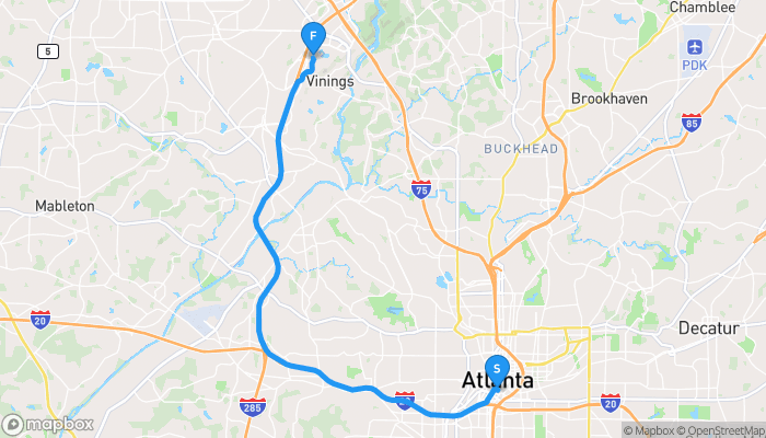 Route map from Atlanta to 3000 Cumberland Club Drive