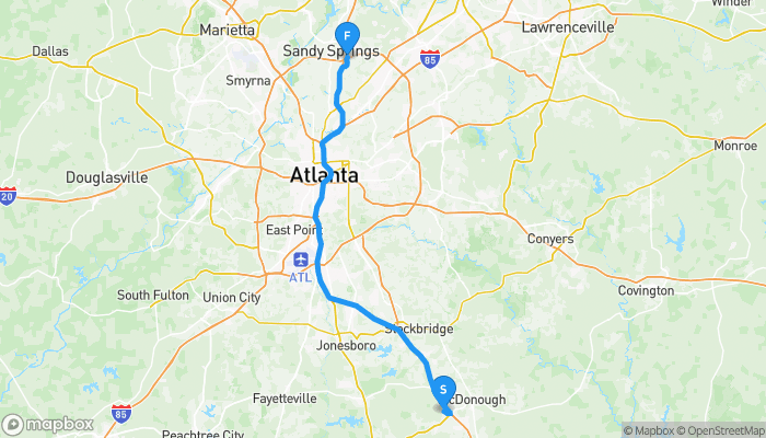 Route map from 300 Mcdonugh-Lovejoy Road to 5870 Peachtree Dunwoody Road