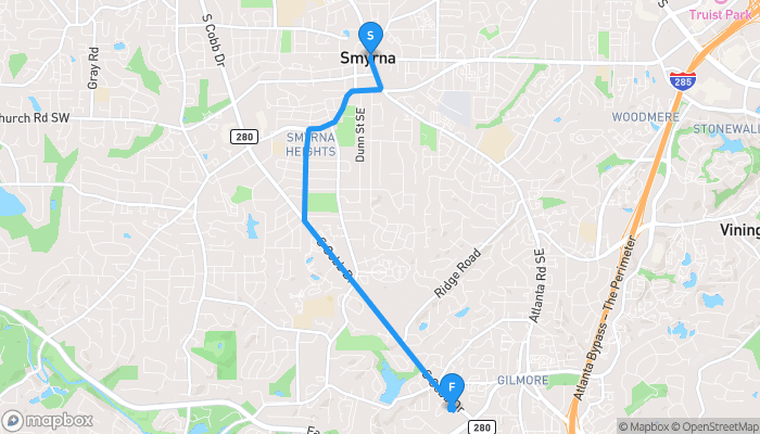 Route map from Smyrna to Smyrna World Of Beverages